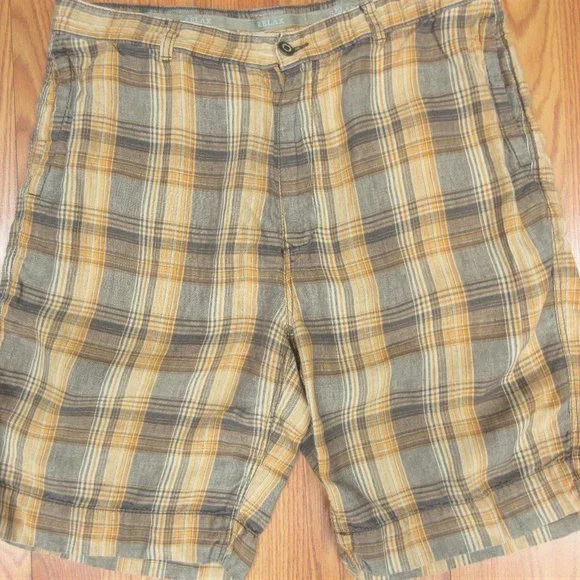 TOMMY BAHAMA REGULAR FIT SHORTS 100% LINEN BROWN PLAID Sz 36 - Picture 1 of 4